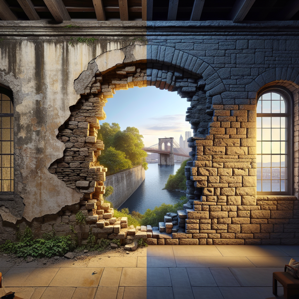 Before and after stone wall restoration showing deteriorated and fully restored sections